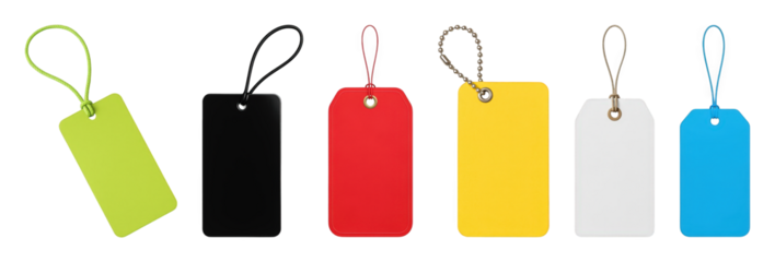 Blank price tag set including green, black, red, yellow, white, and blue designs with cord, string, and ball chain isolated. Retail product promotion.