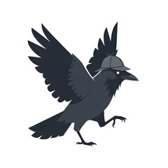 Obraz premium A detailed illustration of a dark gray crow with wings spread wearing a detective hat isolate