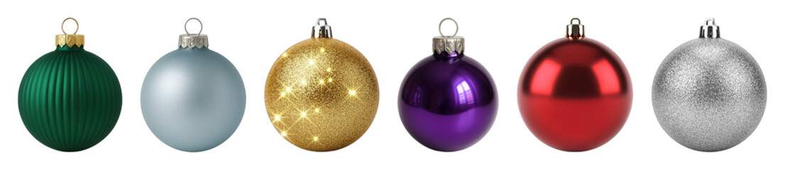 Christmas ornament set including ribbed green, matte blue, glittery gold, glossy purple, metallic red, and glittery silver variations isolated. Festive holiday season collection.