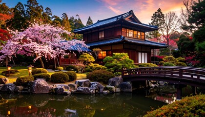 Serene Japanese garden at sunset