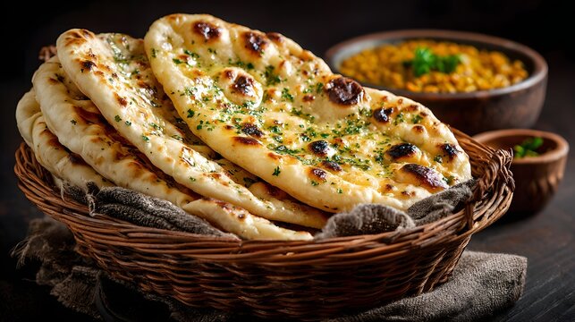 Fresh Indian naan bread with butter and herbs, served with lentil curry in rustic style food photography.