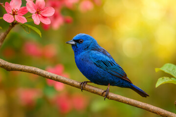 Obraz premium AI-Generated image of a striking blue bird perched gracefully on a branch surrounded by blooming red flowers.