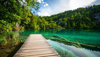 Serene lake and wooden pier in a lush forest