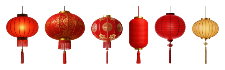 Chinese lantern set including round, cylindrical, ribbed, and patterned designs isolated. Festive cultural decorations for celebrations.