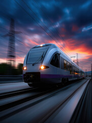 Fototapeta premium High-speed train moving through a scenic landscape at sunset