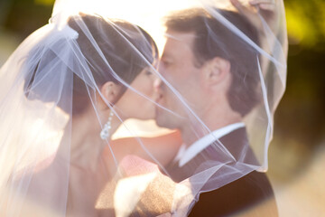 Romantic Bride and Groom Kissing Behind Wedding Veil Outside - Romantic Moment 