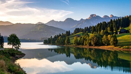 Serene lake at sunrise reflecting mountains