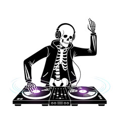 Skeleton DJ with turntables and headphones neon glow abstract sound waves isolate