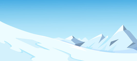 Snow-covered mountains with jagged peaks in minimalist graphic style on a clear blue sky background. Concept of winter, nature, and cold. Vector illustration