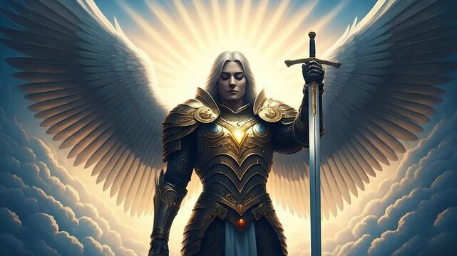 A majestic angel warrior, clad in golden armor, stands holding a sword, depicted in a dramatic, full-length illustration with cinematic lighting and a warm, celestial color palette against a