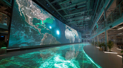 Large digital globe projected on massive screen in modern tech expo hall
