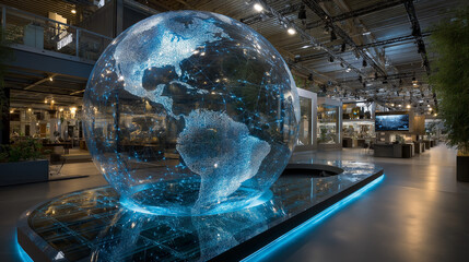 Large digital globe projected on massive screen in modern tech expo hall