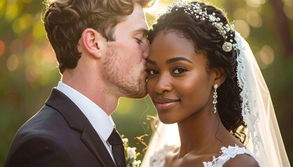 Loving Couple's Tender Wedding Moment in Sunlight