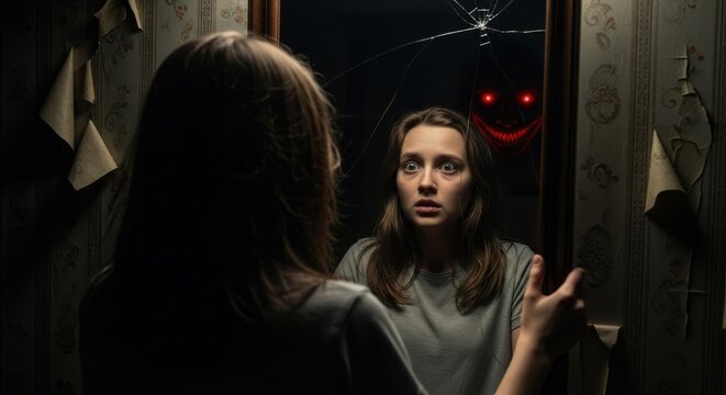 The Reflection of Fear: A Terrified Woman Confronts a Demonic Entity