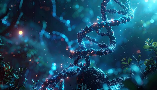 Abstract Dna Strand with Blue and Orange Particles on Dark Green Background
