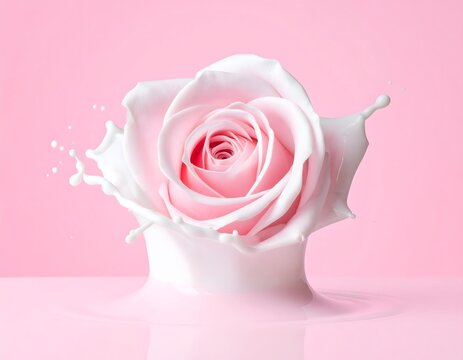 A delicate rose in full bloom, created from splashes of pink and white milk.