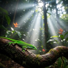 Green lizard on branch in rainforest