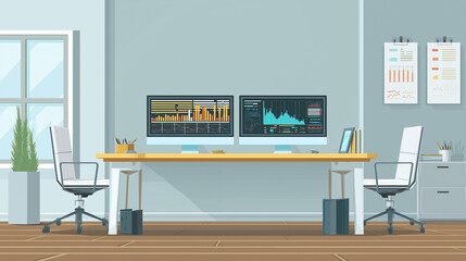 Minimalist open office with large wooden desk, dual monitors showing financial charts