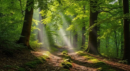 Obraz premium Sunlight Streaming Through a Lush Green Forest Canopy.