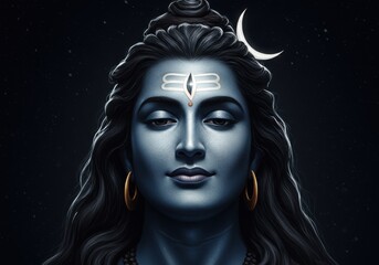 A captivating depiction of Lord Shiva, serene and meditative, set against a dark night sky sprinkled with stars and a crescent moon.