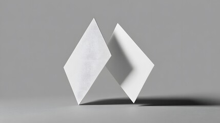 Two blank white diamond-shaped paper cards with a subtle texture balanced upright in a minimalist composition.