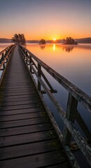 Fototapeta premium Serene sunrise over a wooden bridge crossing tranquil water to islands