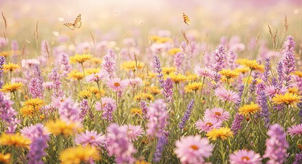Obraz premium Dreamy Meadow: Butterflies Dance Among Lavender, Yellow, and Pink Wildflowers in Soft Sunlight
