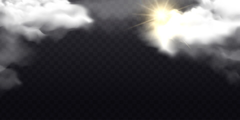 Sunlight breaking through soft white clouds with glowing rays effect, semi-realistic style on transparent dark background. Concept of hope. Vector illustration
