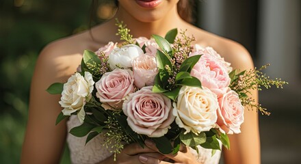 Naklejka premium Elegant Bride Holding Pastel Rose and Peony Bouquet in Soft Natural Light