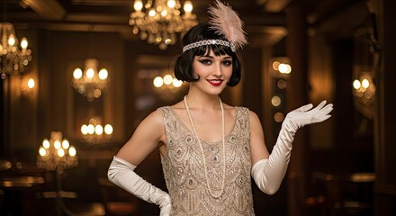 Elegant Flapper Girl in Vintage Dress with Feather Headband and Pearl Necklace