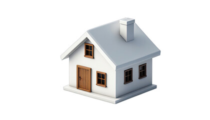 3D model of a small, white house with brown trim
