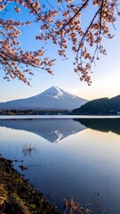 Serene lake view with Mount Fuji and cherry blossoms