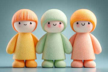 Three pastel foam dolls stand side by side, with smiling faces and soft textures, creating a warm, playful scene ideal for family, children, toys, and education themes.