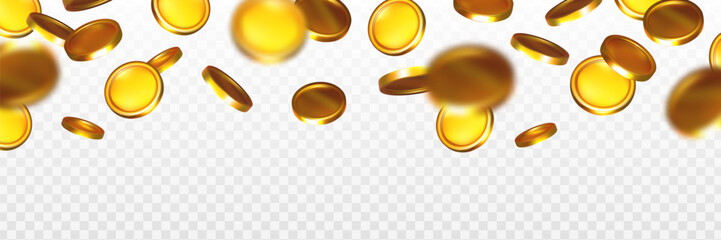 Shiny gold coins flying and spinning in mid-air with motion blur effect on transparent background, concept of wealth and success. Vector illustration © GN.STUDIO
