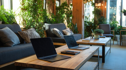 Modern coworking lounge with coffee table, laptops, notebooks and indoor plants