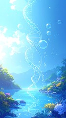 Serene landscape with DNA spiral