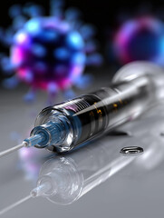 Syringe placed on a reflective surface with virus illustrations