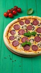 Pizza with salami and mushrooms on a wooden board