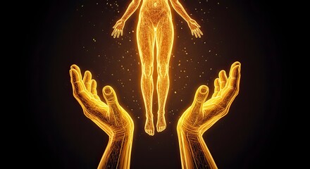 Glowing Human Form Supported by Hands, Spiritual Concept, Digital Art, Dark Background.