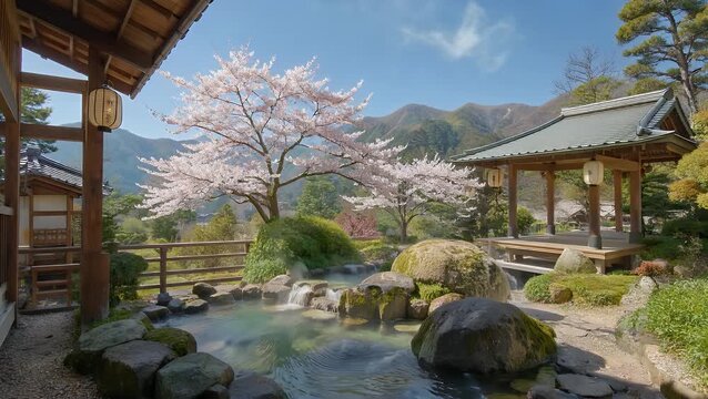 charming japaneseinspired onsen surrounded lush gardens towering mountains gentle sound koto japanese harp floats through air adding tranquil ambiance stream overlay animation