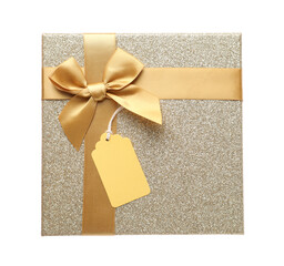 Gift box with blank tag isolated on white, top view