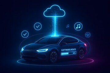 Futuristic Electric Car Cloud Software Update with Holographic Interface