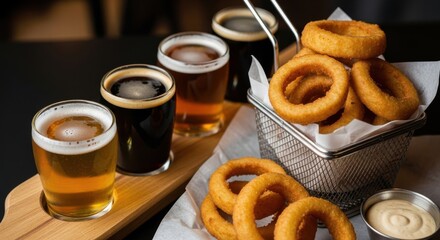 Delicious beer flight paired with crispy onion rings for an enjoyable time