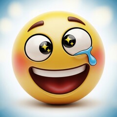 Fototapeta premium Expressive animated yellow emoticon face with tear and sparkle eyes expression