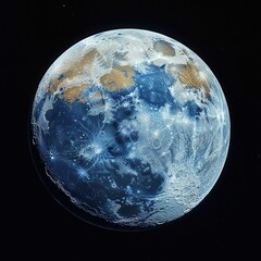 Beautiful terrestrial moon with a blue atmosphere, high relief, 3D clouds casting shadows, dramatic mountain ranges, massive canyon, and deep craters, captured in desaturated cyan and pale orange tone
