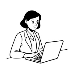 Black and white line art of a beautiful successful career woman working at desk with laptop illustration