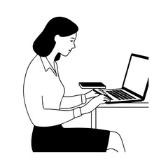 Black and white line art of a beautiful successful career woman working at desk with laptop illustration