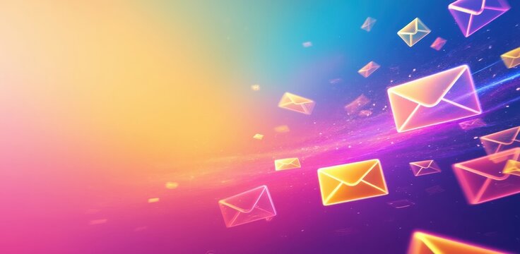 Digital mail envelopes flying through a vibrant gradient background - Powered by Adobe