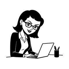 Black and white line art of a beautiful successful career woman working at desk with laptop illustration