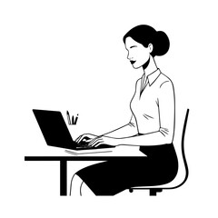 Black and white line art of a beautiful successful career woman working at desk with laptop illustration
